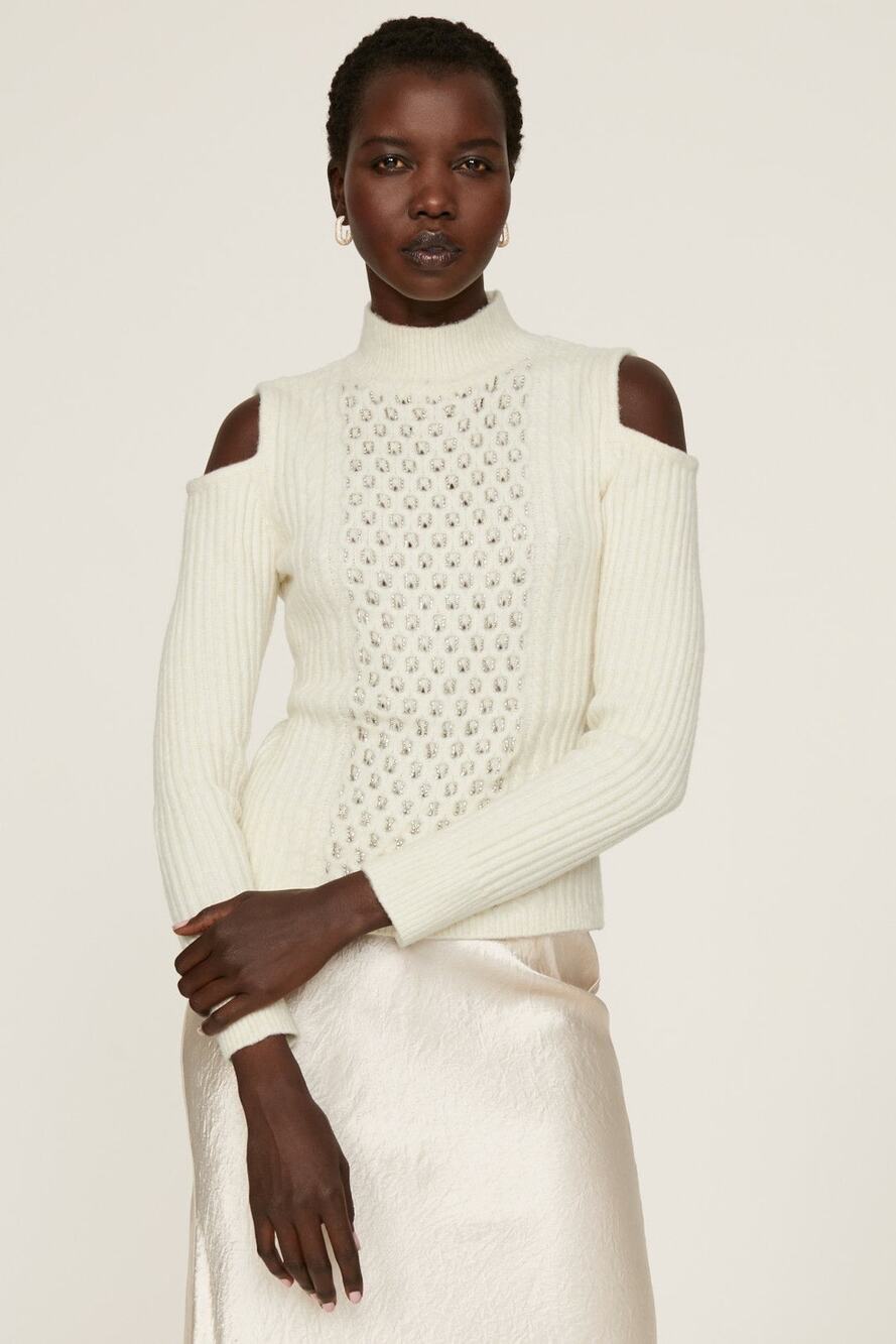Donna Karan Crystal Rhinestone Chain Knit Mock Neck Cut Cold Shoulder Sweater XS